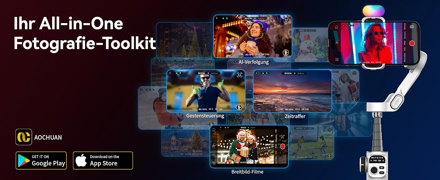 Стабілізатор для iPhone та Android від AOCHUAN: 3-осьовий гімбал з OLED-дисплеєм та подовжувачем 7,8 дюймів (Smart X2 Kit)