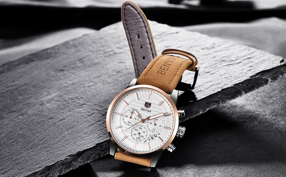 Годинник чоловічий Benyар Chronograph з кварцовим механізмом, водонепроникний, з нержавіючої сталі, для бізнесу, спорту та відпочинку (колір: коричневий, золотий, білий)