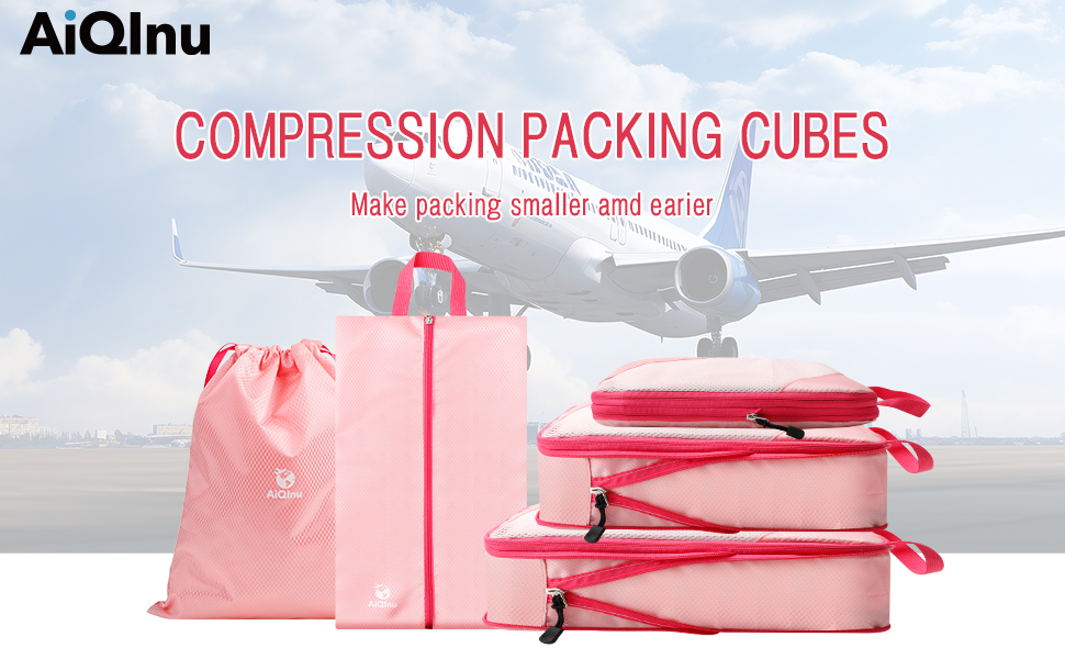 Набір органайзерів для валізи AiQInu: 5 шт. з компресією, мішки для білизни та взуття, рожевий