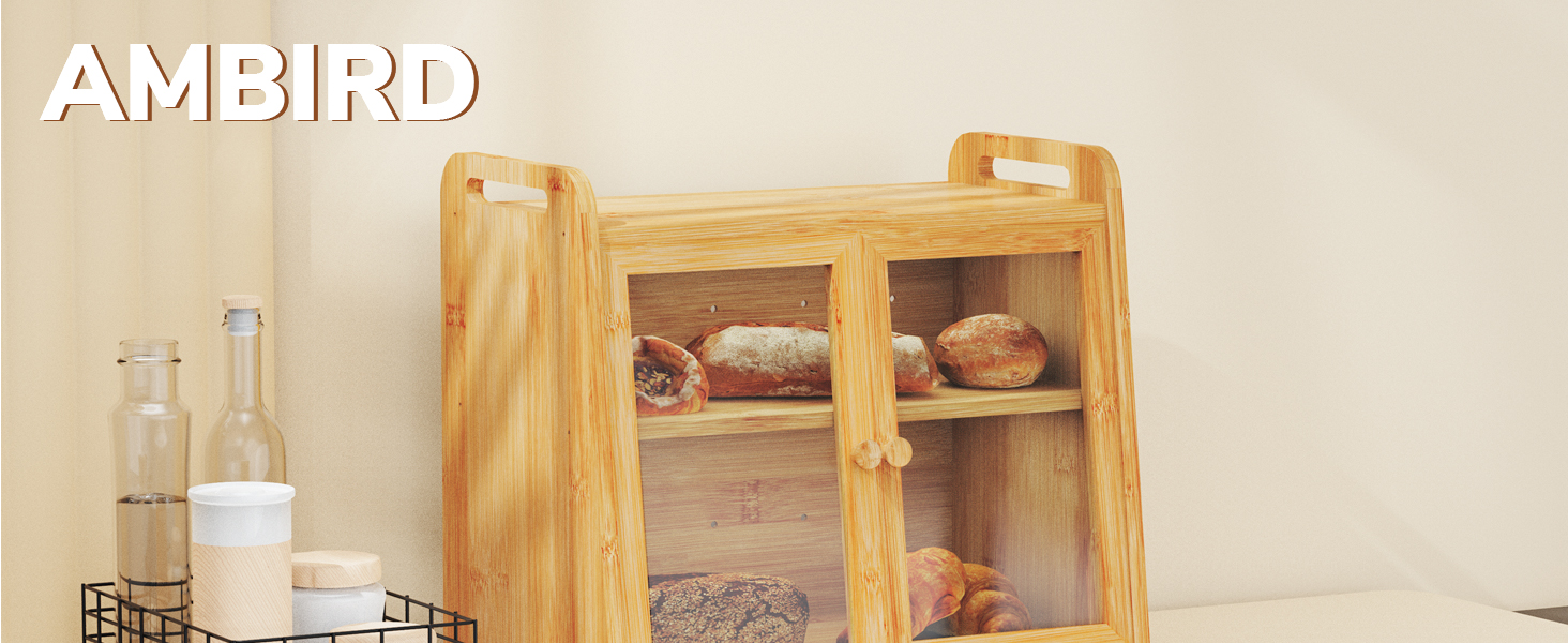 AMBIRD Бак для хліба з бамбука 20л - велика місткість з прозорими акриловими дверцятами, подвійне зберігання з вентиляцією та бічними ручками - зберігає хліб свіжим та організовує кухонний простір, CBBNA002EUAM13