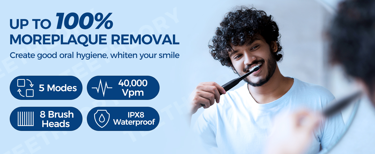 Електрична зубна щітка Demita зі звуковими вібраціями, 8 насадок, 40000 VPM, 5 режимів, швидка зарядка (30 днів роботи), чорний (S1)