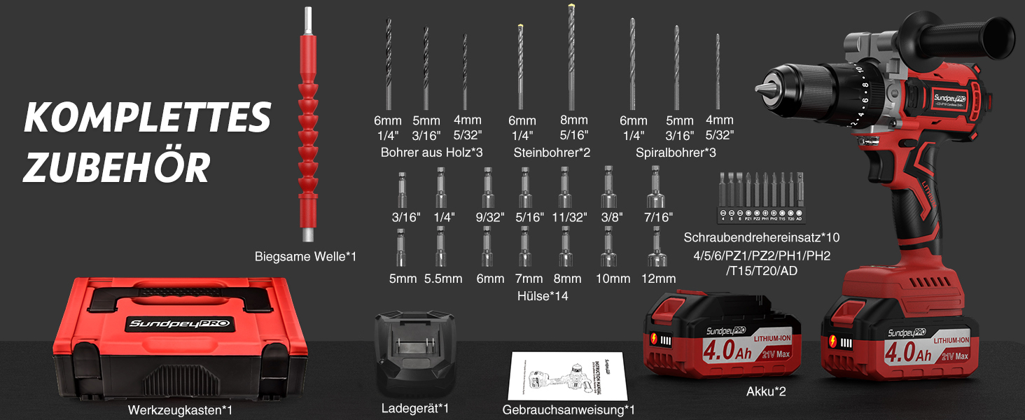 Акумуляторний дриль-шуруповерт SundpeyPRO 21V з перфоратором, 120 Нм, безщітковий двигун, комплект з 2 x 4000mAh акумуляторами, 20+3 ступені крутного моменту, LED-підсвітка