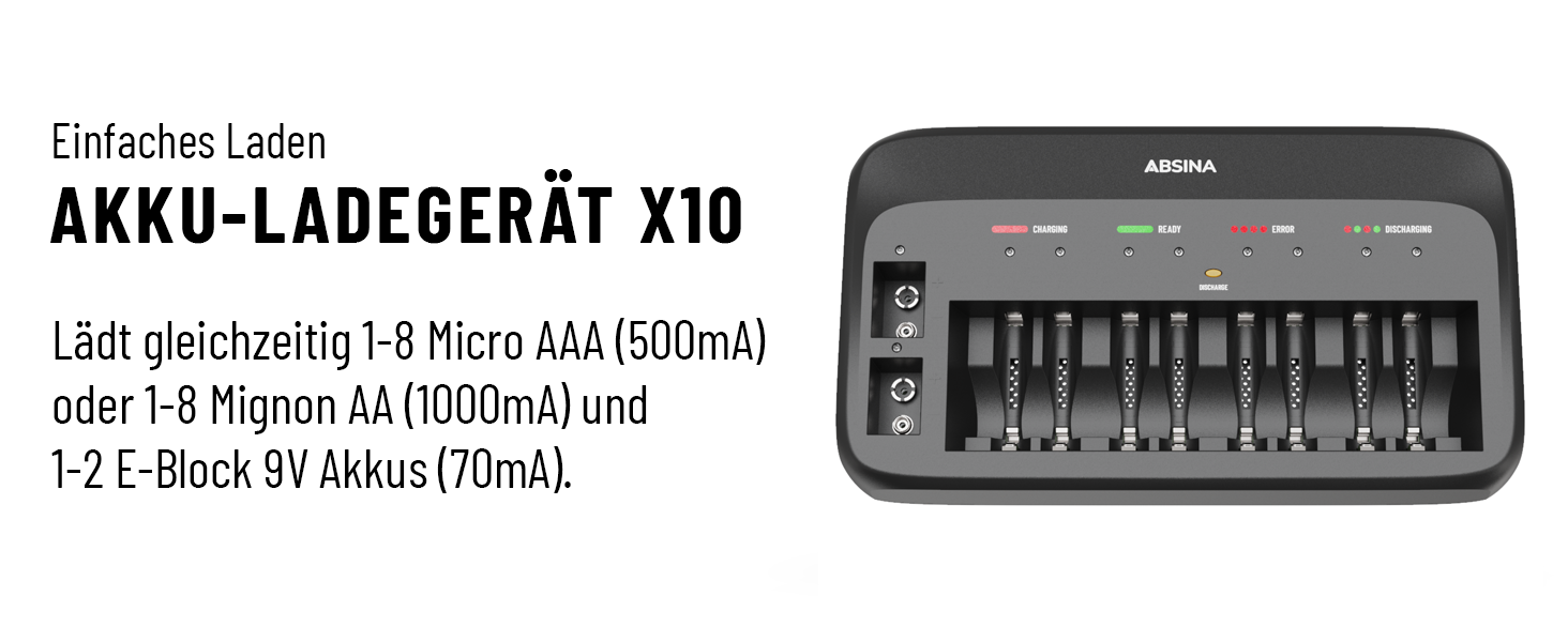 Зарядний пристрій ABSINA X10 для акумуляторів AA, AAA та 9V - 10-портовий зарядний пристрій для NiMH акумуляторів