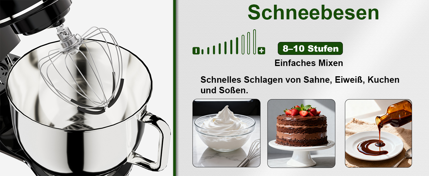 Кухонний комбайн-міксер Camic 2000W, чаша зі сталі 7л, 10 швидкостей, з набором насадок (гак, вінчик) та захистом від бризок, чорний