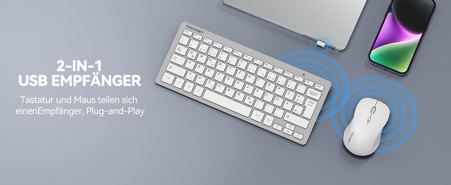 Бездротова клавіатура та миша TECKNET QWERTZ, 2.4 GHz, 15м, тиха, для ПК, ноутбука, Smart TV, білий/сріблястий