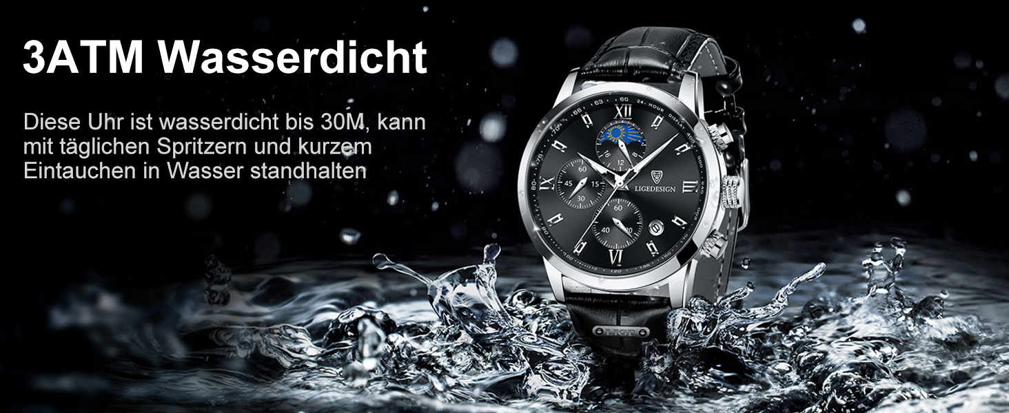 Годинник чоловічий LIGE Retro з шкіряним ремінцем, 3ATM водостійкий, аналоговий, з функцією свічення, фази місяця, з датою, коричнево-білий, хронограф