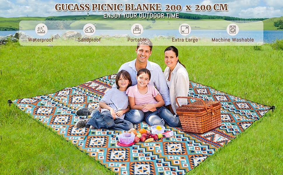 Плед для пікніка Boho 200x200 см, водонепроникний, антипісочний, з ручкою та кілочками, XL килимок для кемпінгу, пляжу, парку, прогулянок в стилі бохо