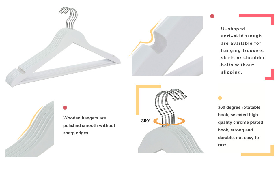Дерев'яні вішалки для одягу з виступами для спідниць та штанів, 360° обертання, 20 шт. (білі)