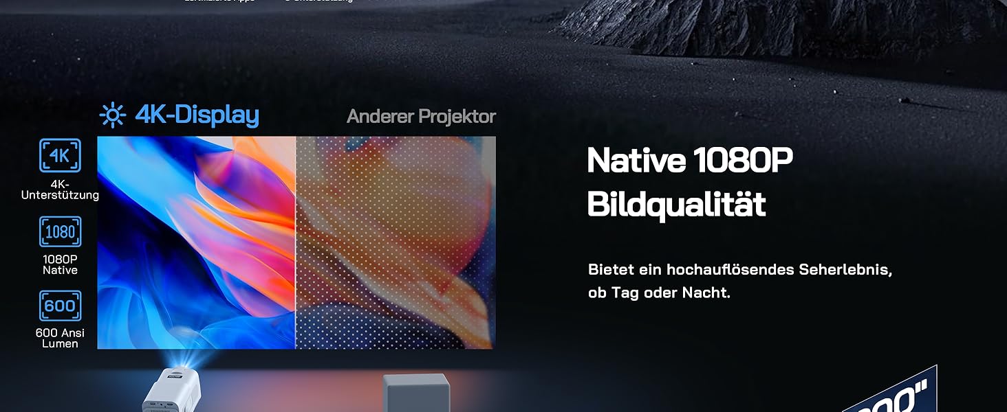 WOLFANG Міні проєктор 4K з Netflix, 26000 люмен, WiFi 6, Smart, 50% Zoom, корекція трапеції, 180° поворот, сумісний з TV Stick/iOS/Android/PC/PS5/HDMI/AV