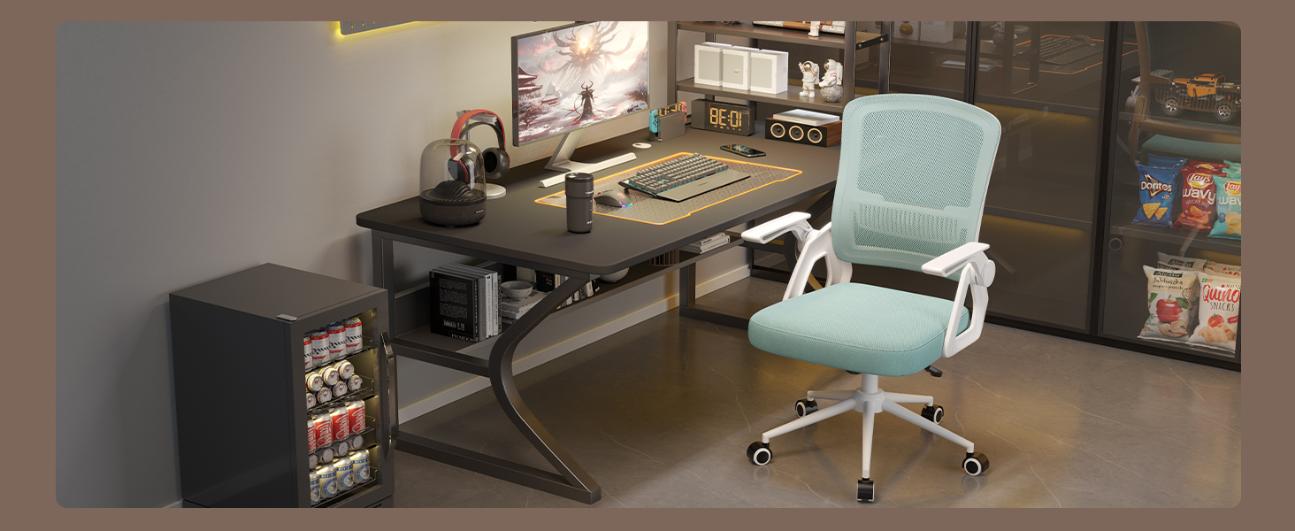 Офісний стіл Naspiro Ergonomischer Bürostuhl, регульований по висоті, з дихаючою спинкою з сітки, відкидні підлокітники на 90° та поперекова підтримка, високощільна піна для дому/офісу (Зелений, без підголівника)