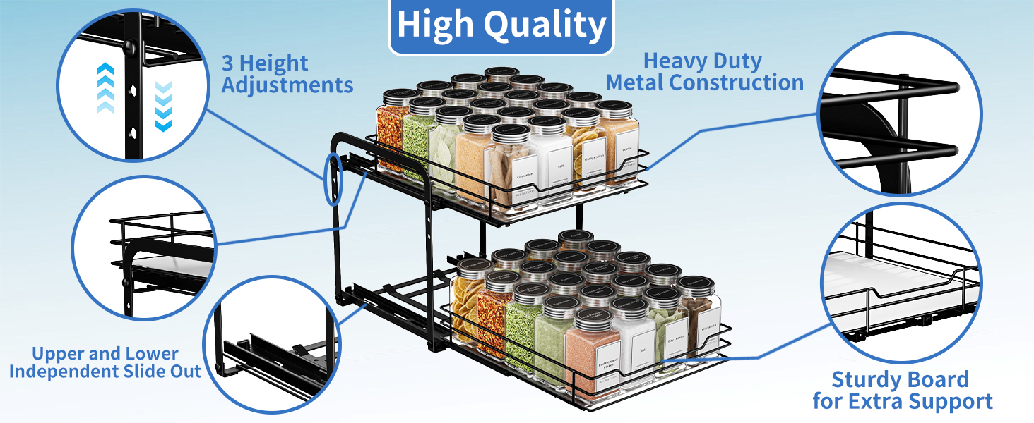 Висувна полиця для спецій у шафу, 2 яруси, регульована висота, чорний колір, органайзер для спецій, органайзер для кухні, розмір 23.8x26.4x23 см