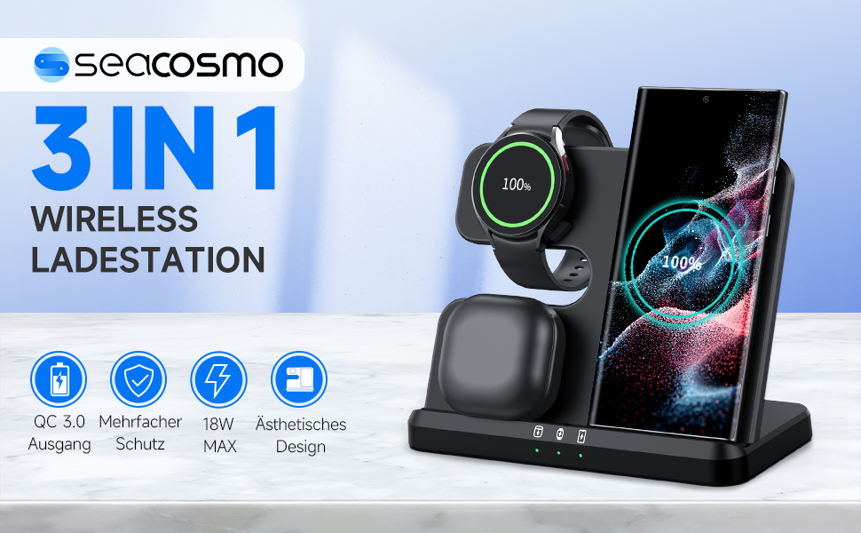 Seacosmo Бездротова зарядна станція 3-в-1, 18W для Samsung Galaxy Watch 8/7/Ultra/6/5/4/3/Pro, S24/23/22/21/Plus/Ultra та Buds