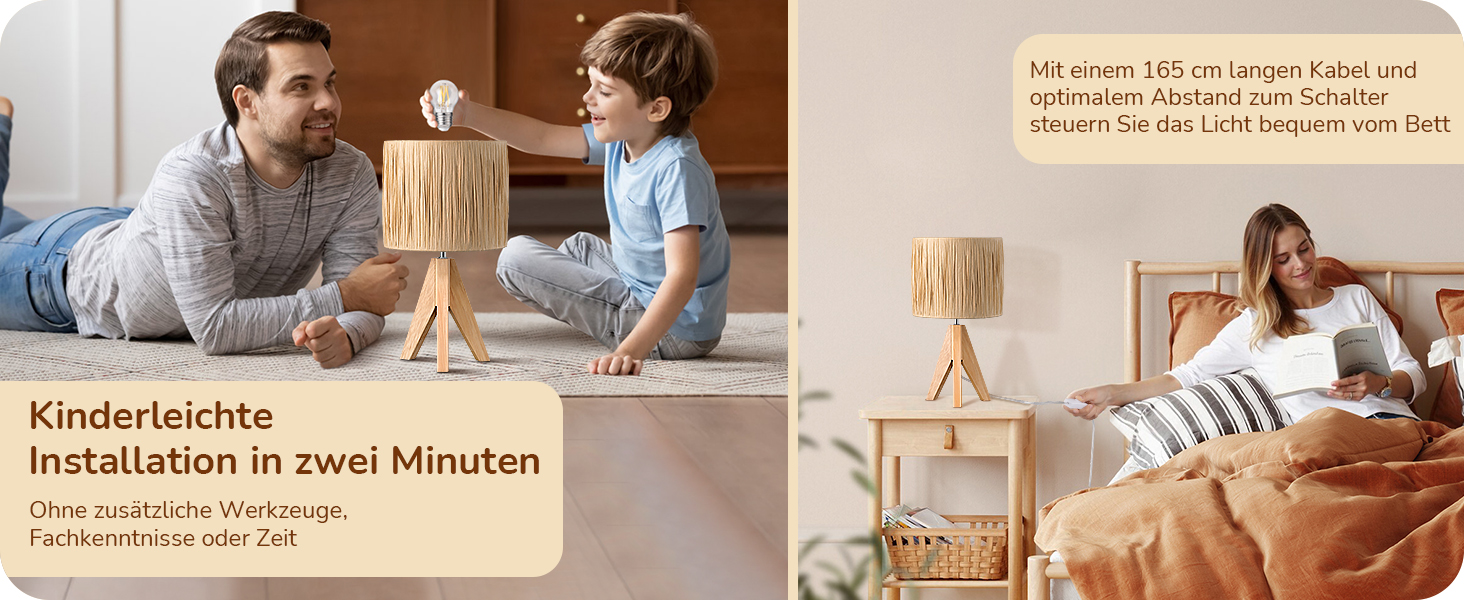 EDISHINE Настільна лампа з ручним плетінням, тепле світло 2700K, з дерев'яною підставкою, Boho стиль, для спальні, вітальні, готелю, з LED лампою E27 4W (рафія)