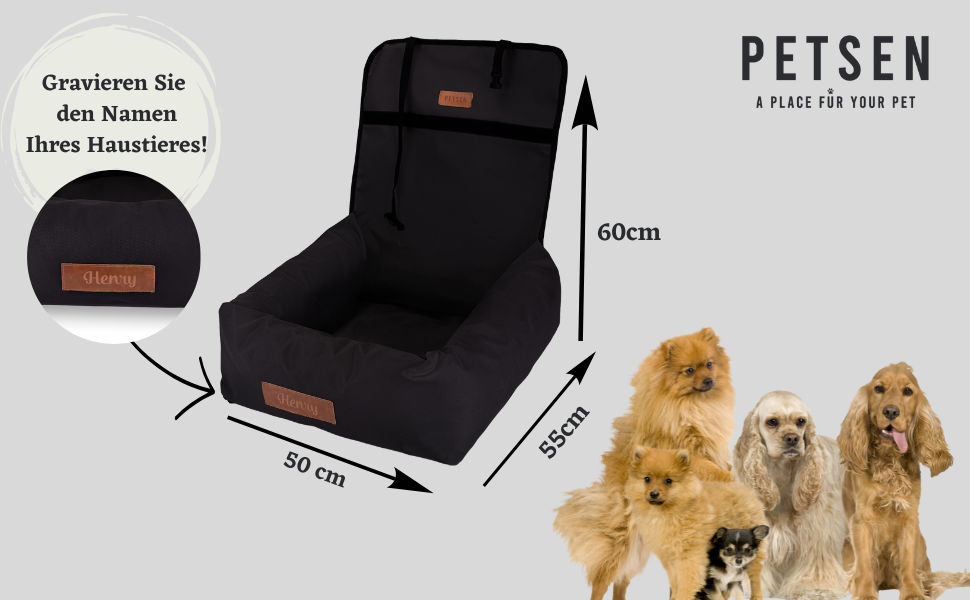 Крісло для собак у машину Petsen з іменем, чорне, для маленьких собак, з поводом
