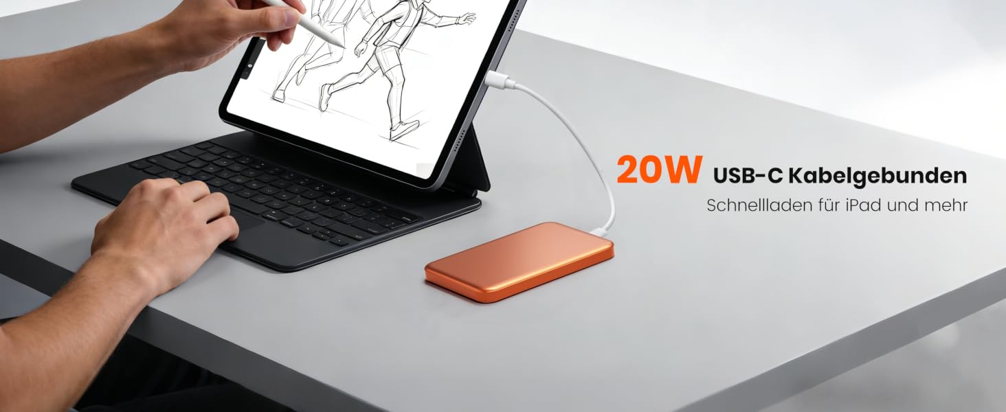 Power Bank 10000 mAh з магнітом, ультратонкий титановий корпус (14 мм), PD 20W, бездротова зарядка USB-C для iPhone 15/16/17 та Apple Watch (Оранжевий)