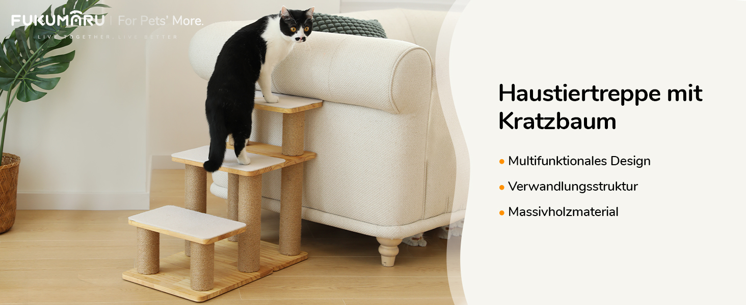 Сходинки для собак FUKUMARU: 3 сходинки з натурального дерева та джуту, регульована висота 18-51 см, витримують до 90 кг, знімний м'який підвішун