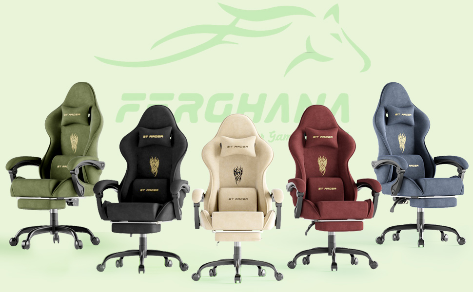 Геймерське крісло Ferghana Ergonomisch LW210: зручне крісло для комп'ютера з підголівником, подушкою для попереку, підлокітниками та підставкою для ніг (Зелений)