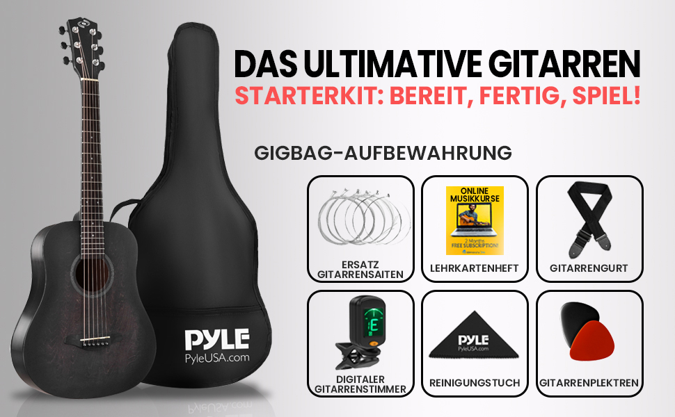 Акустична гітара Pyle для дітей та початківців, ½ розміру, з аксесуарами, чорна матова, 86 см