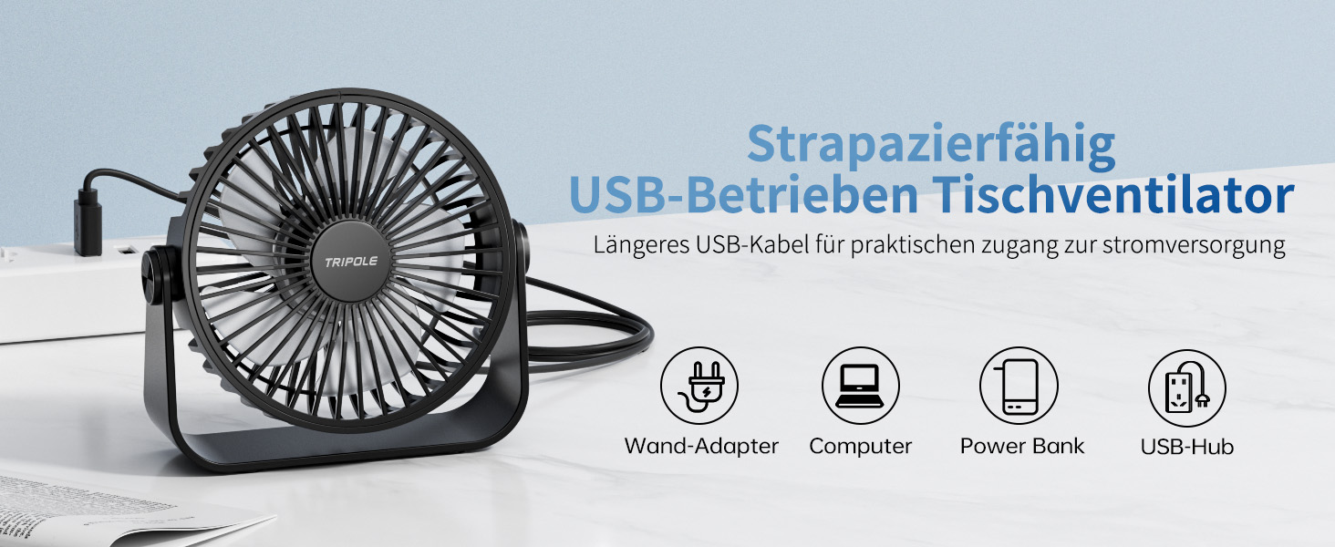 USB Настільний вентилятор TriPole: 3 швидкості, регульований, потужний, 360° обертання, кабель 1,5 м, чорний