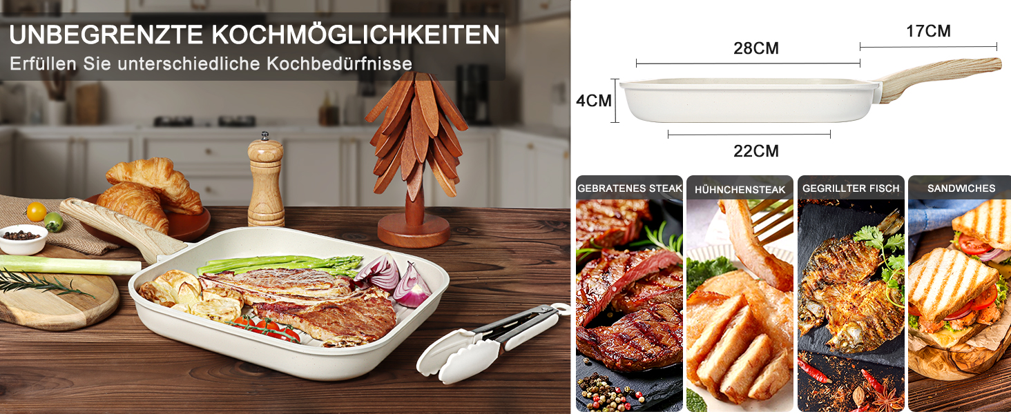 GiPP Гриль-сковорода 28x28 см для стейків, алюмінієва з гранітним антипригарним покриттям, індукція, без PFOA, для всіх плит, біла