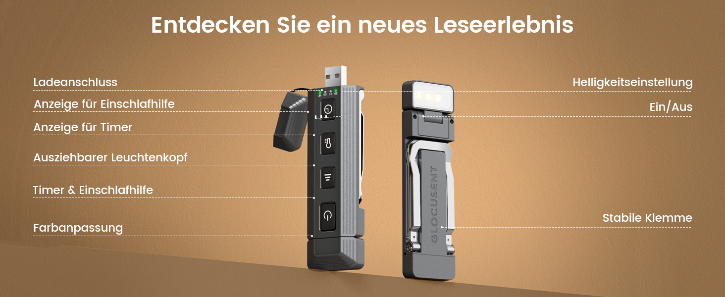 Лампа для читання Glocusent з кріпленням-прищіпкою, 5 режимів яскравості, 3 кольори, таймер, нічник, 65 lm, USB-зарядка, сірий колір