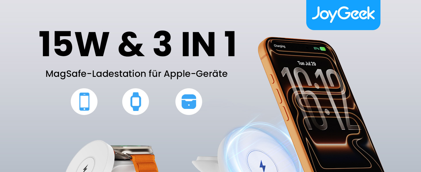 Зарядна станція JoyGeek 3-в-1 для Apple Watch, iPhone (MagSafe), AirPods (біла) - Бездротова зарядка для iPhone 12-15, iWatch 11-2/Ultra/SE, Airpods 2-4