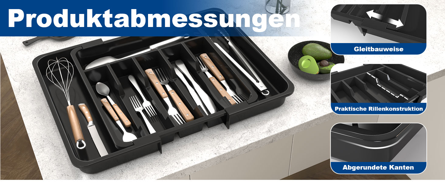 Органайзер для столових приборів в шухляду 40 см, чорний, пластиковий, з регульованими перегородками (6-8 відділень)