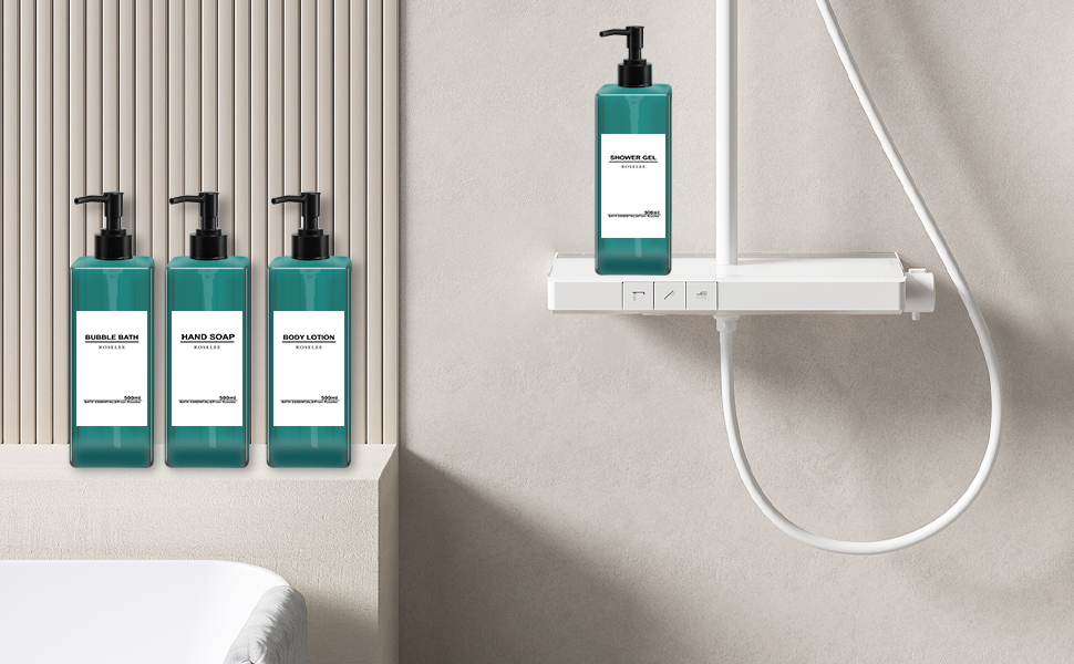 Набір дозаторів для мила Roselee (4 шт.), зелені, 500 мл. Дозатори для душу, шампуню, кухні, ванної кімнати. Матеріал: пластик.