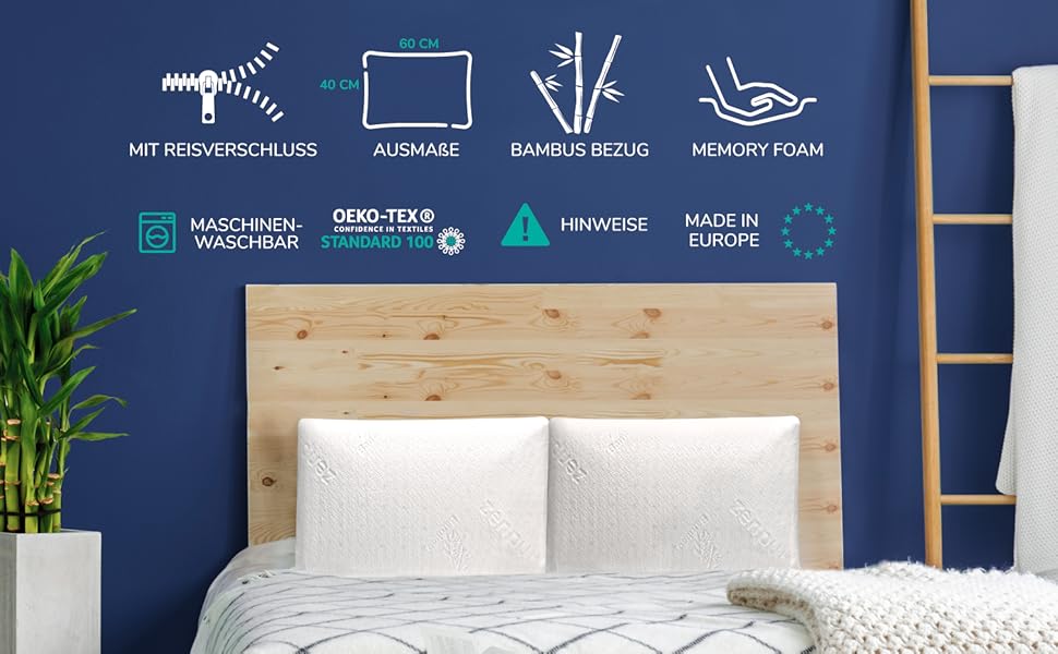 Набір ортопедичних подушок ZenPur з ефектом пам'яті (Memory Foam), 40x60x13 см, ергономічна подушка для шиї з бамбуковим чохлом Oeko-Tex, 2 шт.