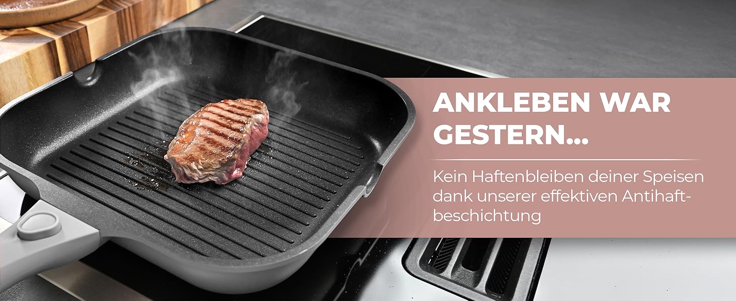 Гриль-сковорода NEU 28 см з виливом та знімною ручкою, антипригарна, без PFOA, для індукції, жаростійка, сіра