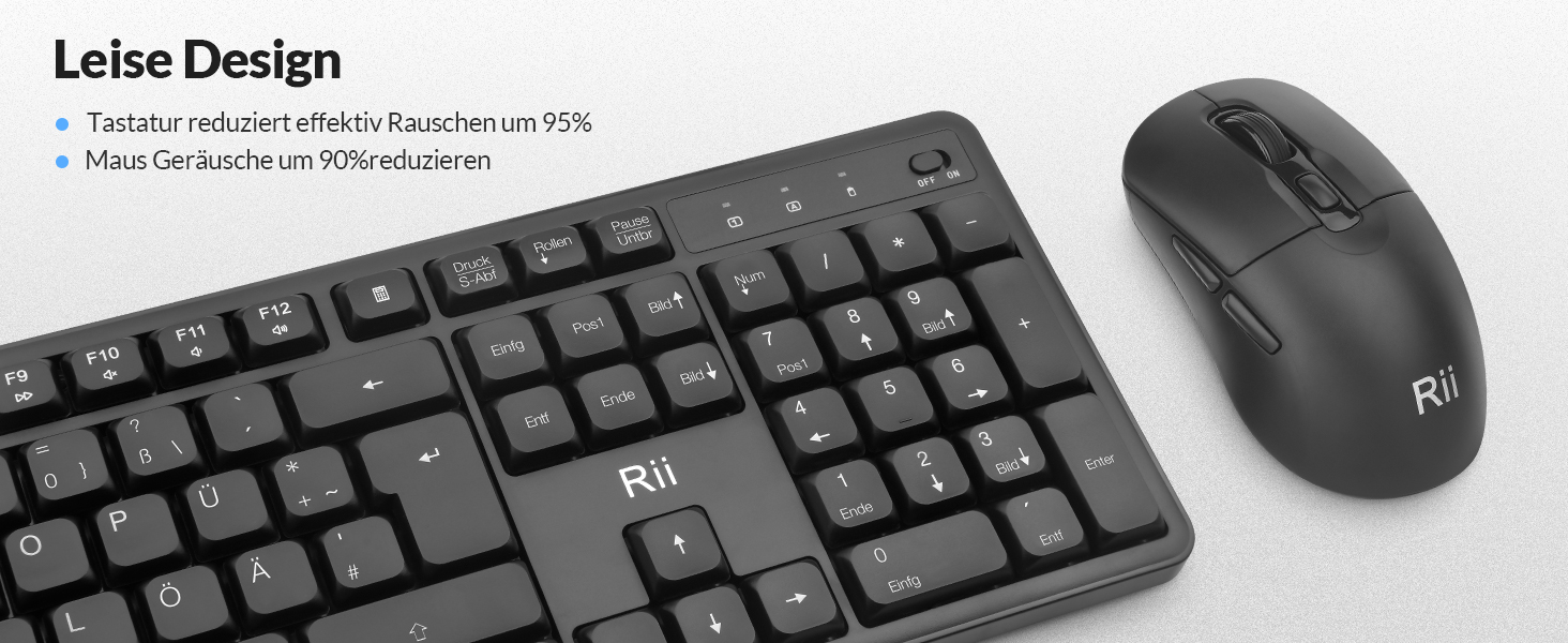 Бездротовий ігровий комплект клавіатури та миші Rii: Bluetooth + 2.4GHz, LED-підсвітка, QWERTZ, для офісу