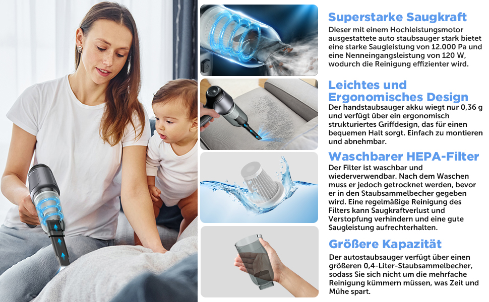 Портативний бездротовий ручний пилосос Brovamo з акумулятором, 12000Pa, для дому, авто, кухні, офісу, видалення шерсті тварин