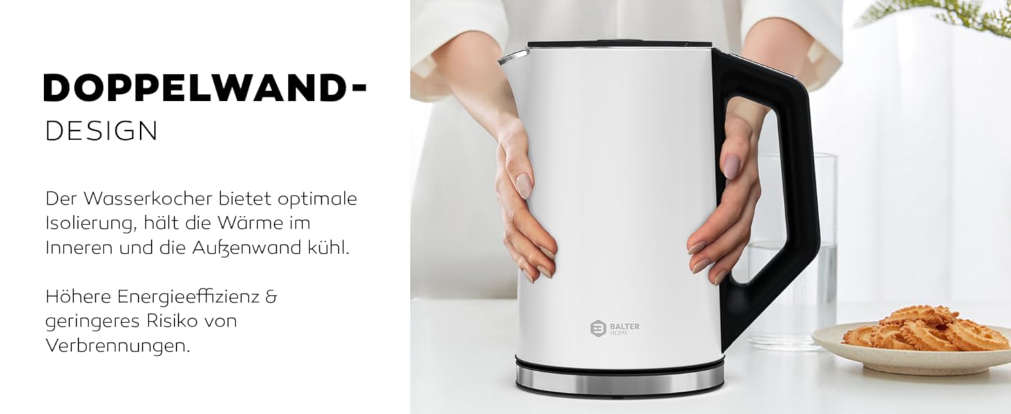 Balter Stainless Steel Electric Kettle with Temperature Control - 40°C-100°C, Double Wall, BPA Free, 1.7L, 2200W, Quiet Kettle