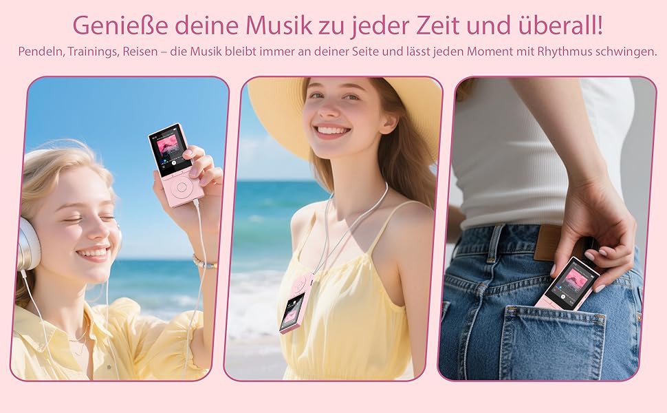 MP3 плеєр 64GB Bluetooth 5.3 з динаміком, HiFi звук, запис голосу, E-book, рожевий. Підтримка TF карти 128GB для спорту