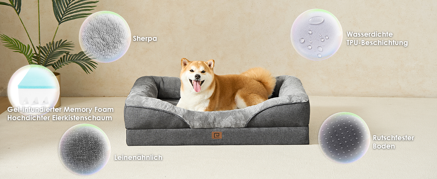 Orthopedic Dog Bed for Large Dogs, Memory Foam, Washable and Waterproof Dog Basket with 4 Sides, Dog Sofa/Dog Couch, Non-Slip, Grey, 106.5x76x18.5 cm