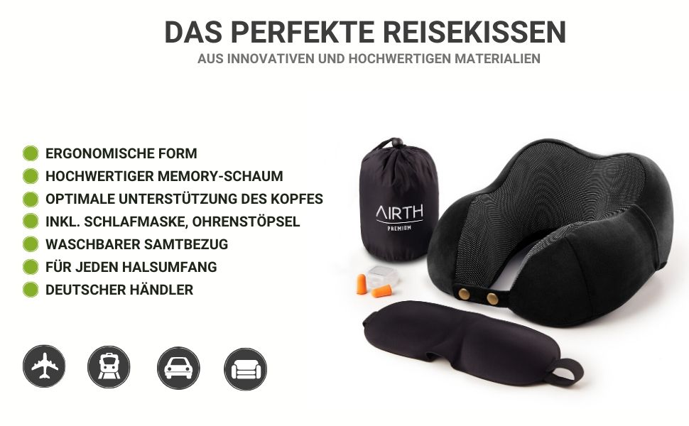 AIRTH® Преміум подушка для шиї з Memory Foam - Ергономічна підтримка шиї з знімним чохлом для максимального комфорту та відпочинку - М'яка та затишна | Чорний, 2023