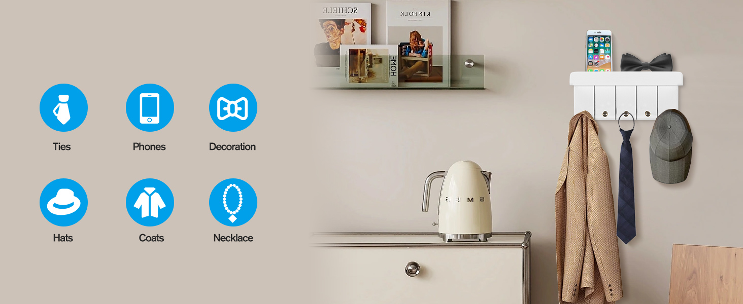 Дерев'яне ключниця з полицею, білий колір, 5 гачків, декоративна настінна полиця для прихожої, кухні, спальні