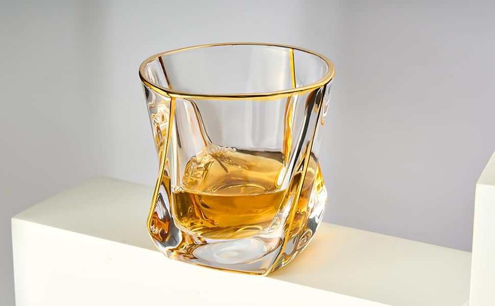Glskey Crystal Whiskey Glasses Set - 4 Pack, 350ml Lead-Free - For Whiskey, Rum, Vodka, Gin, Scotch, Cognac & Water - Dishwasher Safe, Distorted Shape