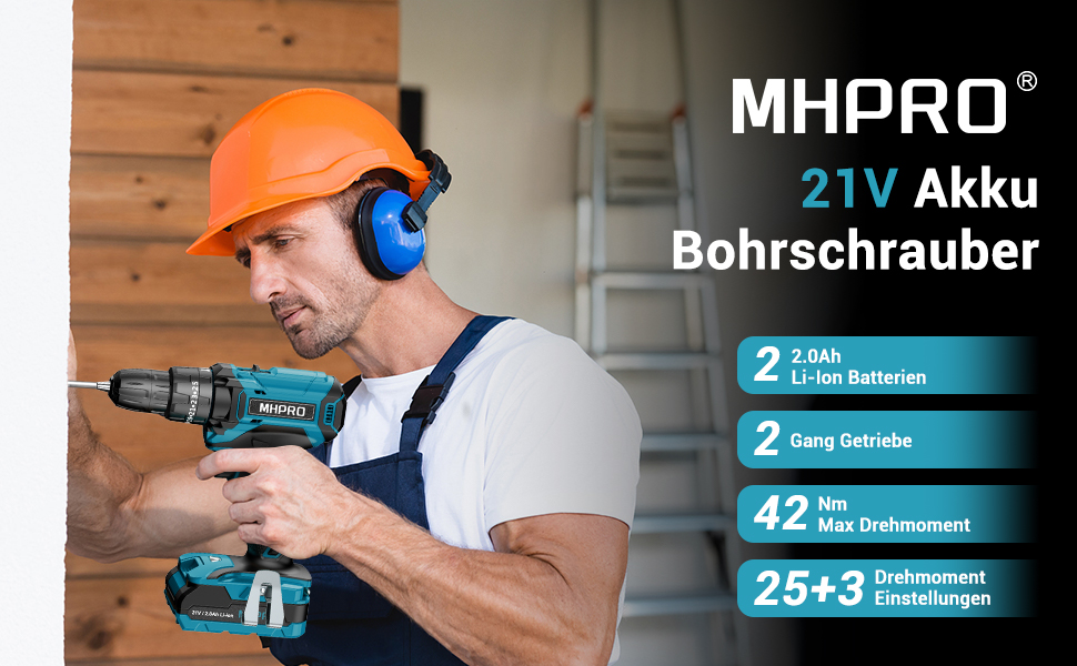 Акумуляторний шуруповерт MHPRO 21V з 2 акумуляторами 2.0Ah, 42Nm, 25+3 ступені крутного моменту, LED, 10мм патрон, 14-ти частинний набір для дому та саду