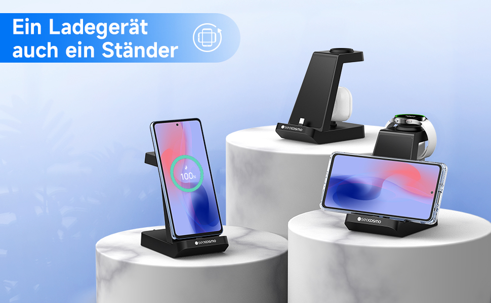 Seacosmo Зарядна станція 3-в-1, 18W для Samsung Galaxy Buds, A55/A54/A35/A34/A16/A15/A14/A06, Galaxy Watch 8/7/6/5/4/3/2/Pro/Classic/Active - Бездротовий зарядний пристрій, чорний