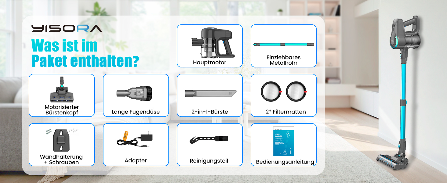 Бездротовий акумуляторний пилосос 25000Pa з турбощіткою, 175W, 50хв роботи, для твердих поверхонь та килимів, видалення шерсті тварин, блакитний