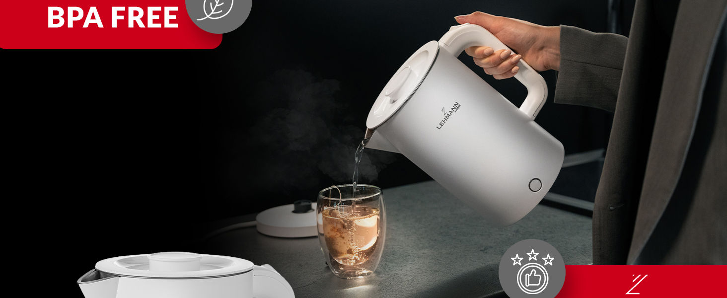 Електричний чайник LEHMANN з нержавіючої сталі 1.7L, 2200W, швидкий нагрів, подвійні стінки, автовимкнення та захист від перегріву, BPA-free, для дитячого харчування, чаю та кави (білий)