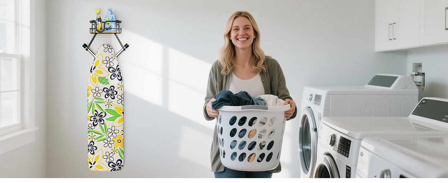 Настінна підставка для прасувальної дошки з кріпленням над дверима, чорна, з великим кошиком та знімними гачками