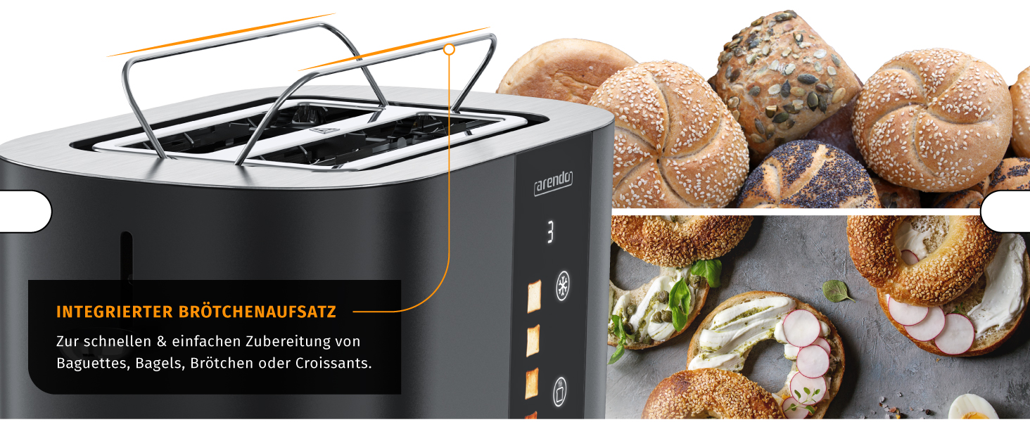 Тостер Arendo з нержавіючої сталі, 2 відділення, сенсорний екран, подвійні стінки, 800 Вт, підставка для тостів, 6 рівнів підсмажування, центрування хліба, індикатор часу, функція пам'яті, колір: чорний