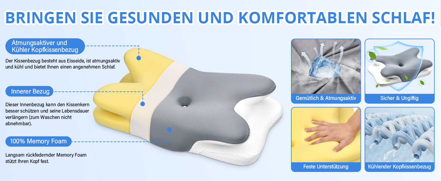 Подушка для шиї Ehomfory з піни Memory Foam, ергономічна для сну на боці, спині та животі, 67x37x9/12 см, сіра