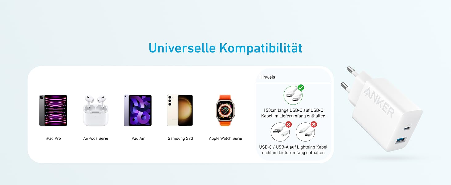 Зарядний пристрій Anker 20W USB-C, адаптер живлення для iPad, швидка зарядка, сумісний з iPhone 17/16/15, кабель USB-C 150 см