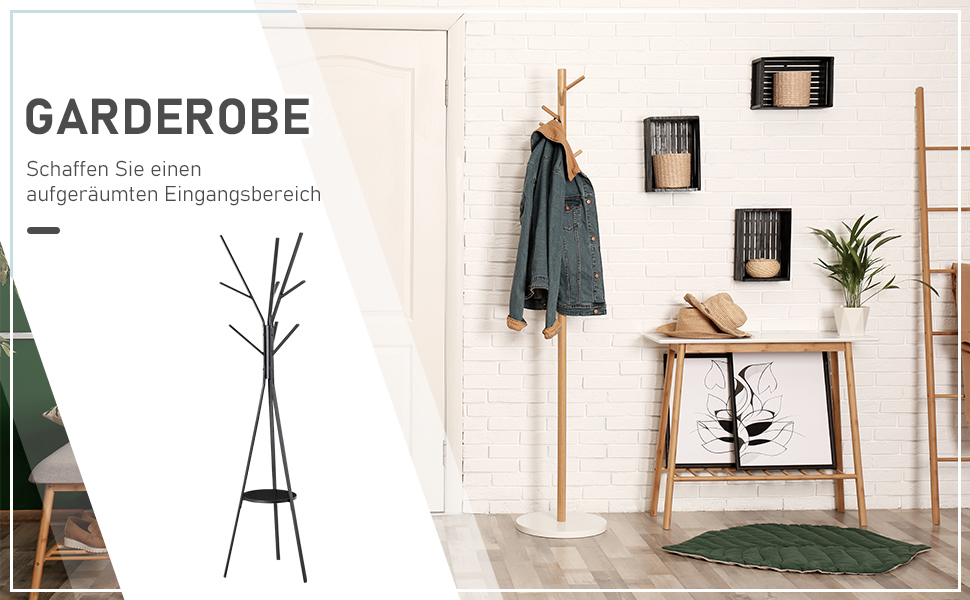HOMCOM Coat Rack, Clothes Rack with 8 Hooks, Coat Stand with Shelf, Freestanding Coat Rack for Clothes, Hats, Bags, Metal, Black, 45 x 45 x 180 cm