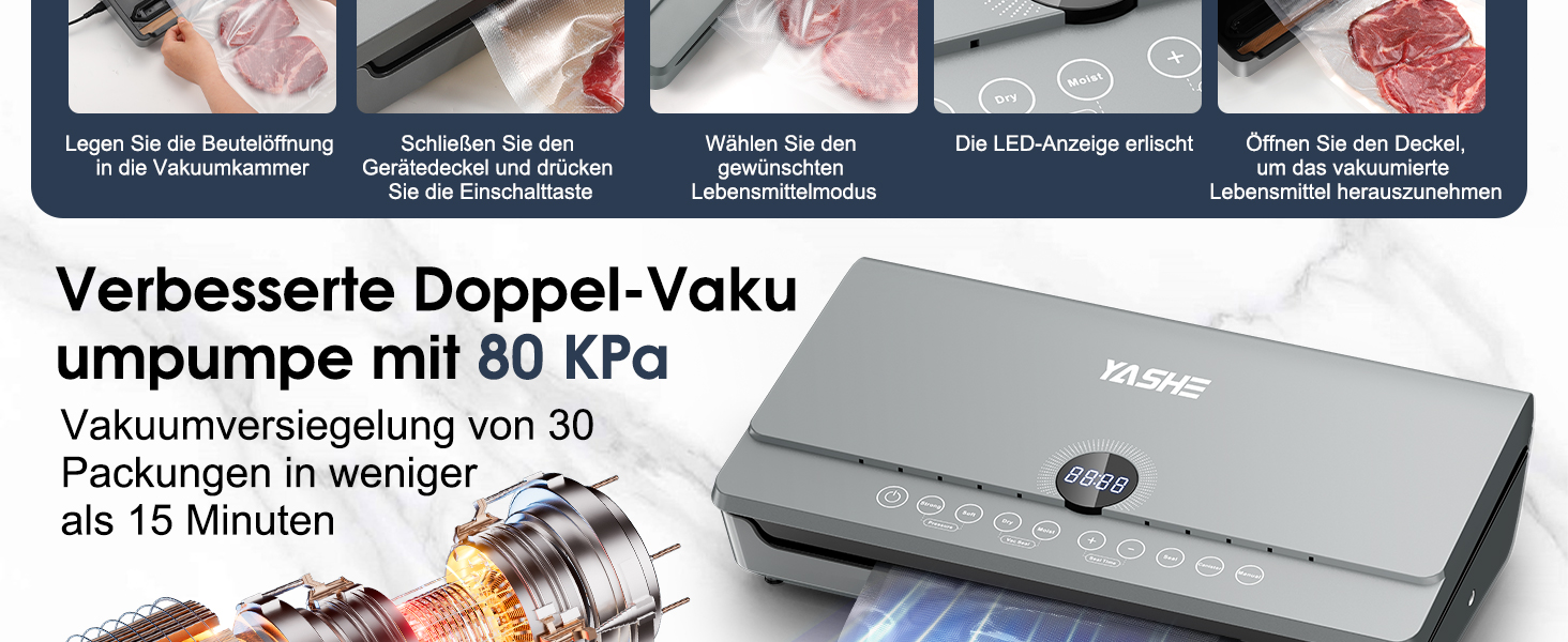 Вакуумний пакувальник YASHE 80KPA з магнітною кришкою, 10-в-1, подвійна зварювальна лінія та подвійна поршнева помпа, зберігання рулонів, для зберігання продуктів
