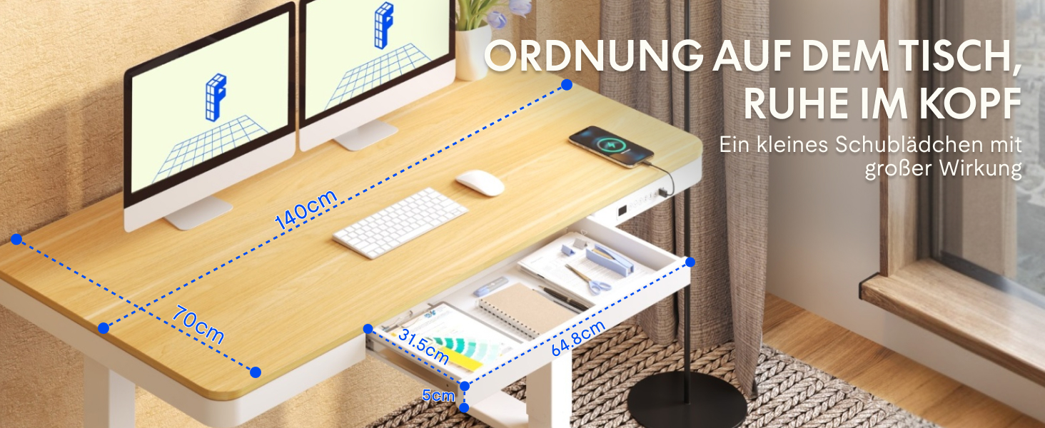 FLEXISPOT Electric Standing Desk with LED Display, Memory Function, USB Port & Drawer - 120x60cm Natural Oak