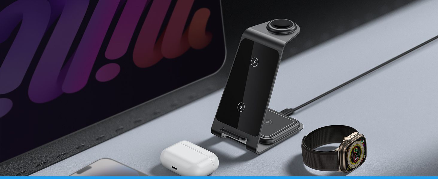 Бездротова зарядка Induktive з підтримкою MagSafe для iPhone 16 Pro/16/16 Pro Max/15 Pro/15/15 Pro Max, Apple Watch 10/Ultra 2/SE/9/8/7/6/5/4/3/2 та AirPods 4/3/2/Pro (фіолетовий)